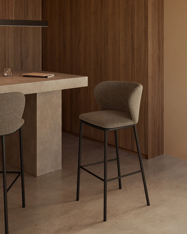 Ciselia Барный стул из светло-коричневой синели и черной стали, 75 см - фото 2