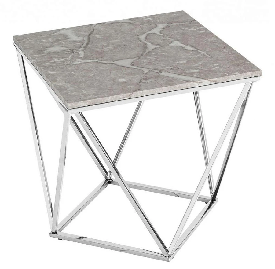 Столик Авалон 61*61 серый мрамор сталь серебро